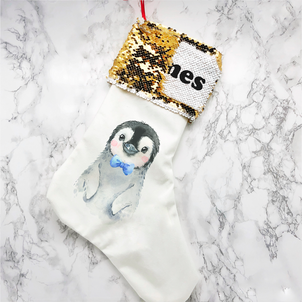 Personalised Penguin Sequin Topped Christmas Stocking