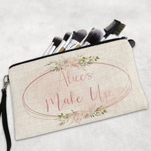Load image into Gallery viewer, Personalised Rose Gold Floral Linen Make Up Bag

