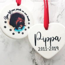 Load image into Gallery viewer, Pet Memorial Double Sided Ceramic Round or Heart Christmas Bauble
