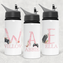 Load image into Gallery viewer, Gamer Pink Alphabet Personalised Aluminium Straw Water Bottle 650ml
