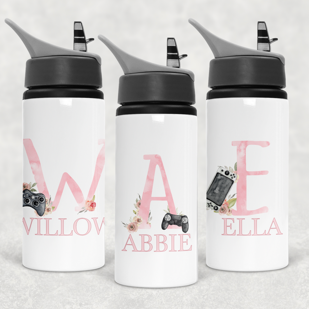 Gamer Pink Alphabet Personalised Aluminium Straw Water Bottle 650ml