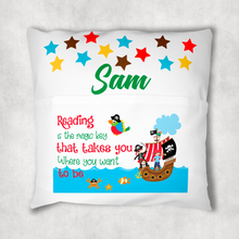 Load image into Gallery viewer, Pirate Personalised Pocket Book Cushion Cover White Canvas
