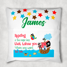 Load image into Gallery viewer, Pirate Personalised Pocket Book Cushion Cover White Canvas
