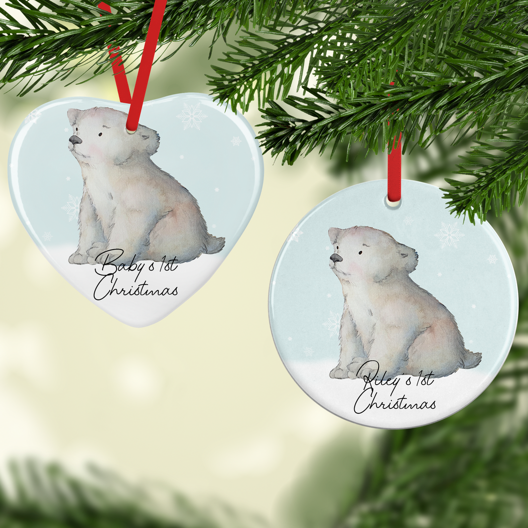 Polar Bear 1st Christmas Watercolour Personalised Ceramic Round or Heart Christmas Bauble