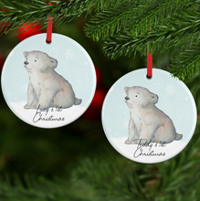 Load image into Gallery viewer, Polar Bear 1st Christmas Watercolour Personalised Ceramic Round or Heart Christmas Bauble
