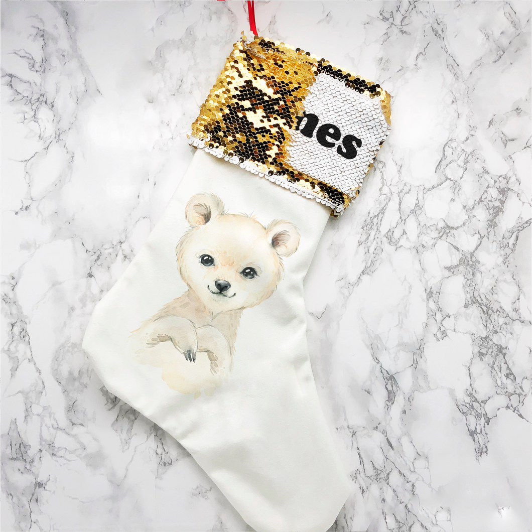 Personalised Polar Bear Sequin Topped Christmas Stocking