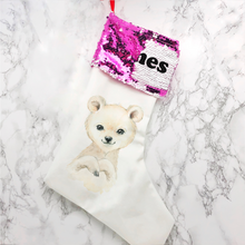 Load image into Gallery viewer, Personalised Polar Bear Sequin Topped Christmas Stocking
