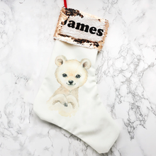 Load image into Gallery viewer, Personalised Polar Bear Sequin Topped Christmas Stocking
