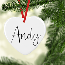Load image into Gallery viewer, Christmas Wreath of Presents with Name Double Sided Ceramic Round or Heart Christmas Bauble
