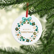 Load image into Gallery viewer, Christmas Wreath of Presents with Name Double Sided Ceramic Round or Heart Christmas Bauble
