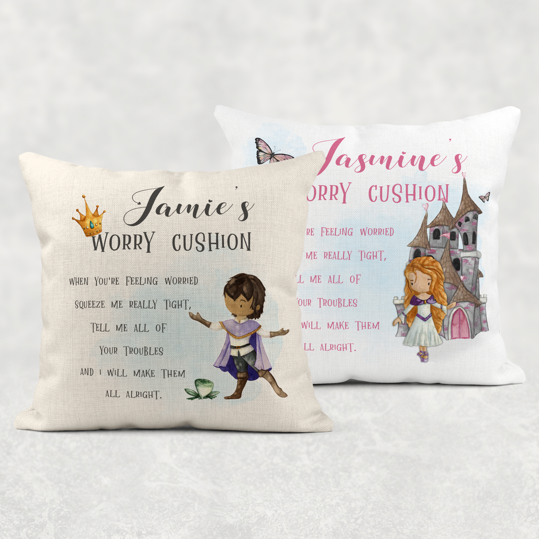 Princess & Prince Personalised Worry Comfort Cushion Linen White Canvas