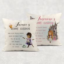 Load image into Gallery viewer, Princess &amp; Prince Personalised Worry Comfort Cushion Linen White Canvas
