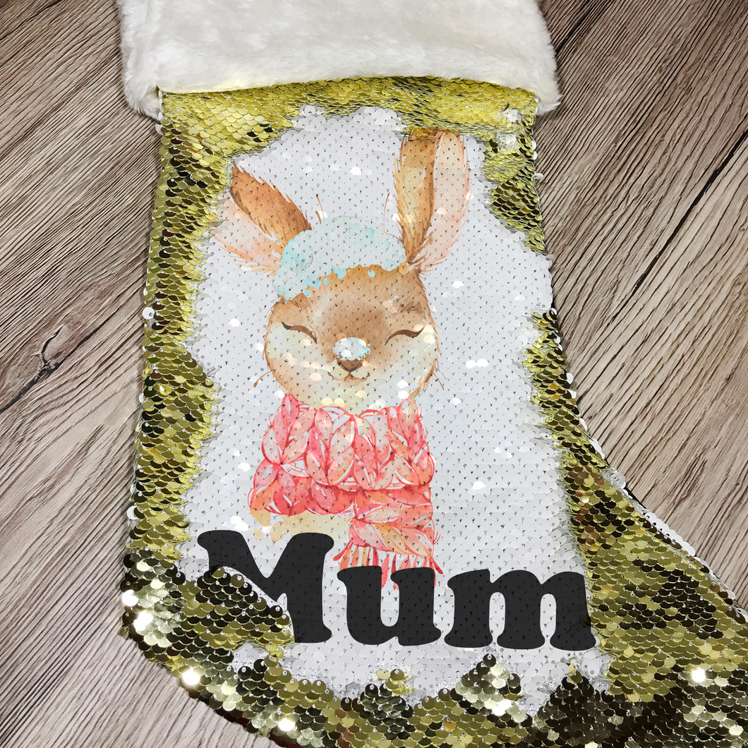 Personalised Snow Rabbit Gold Sequin Christmas Stocking - Christmas - Molly Dolly Crafts