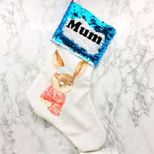 Load image into Gallery viewer, Personalised Snow Rabbit Sequin Topped Christmas Stocking

