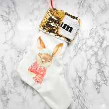 Load image into Gallery viewer, Personalised Snow Rabbit Sequin Topped Christmas Stocking
