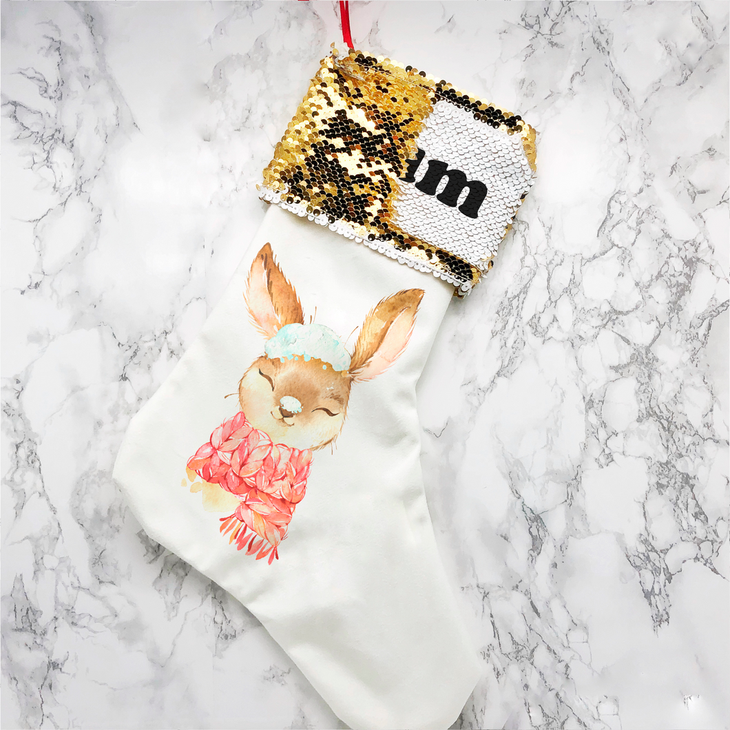 Personalised Snow Rabbit Sequin Topped Christmas Stocking