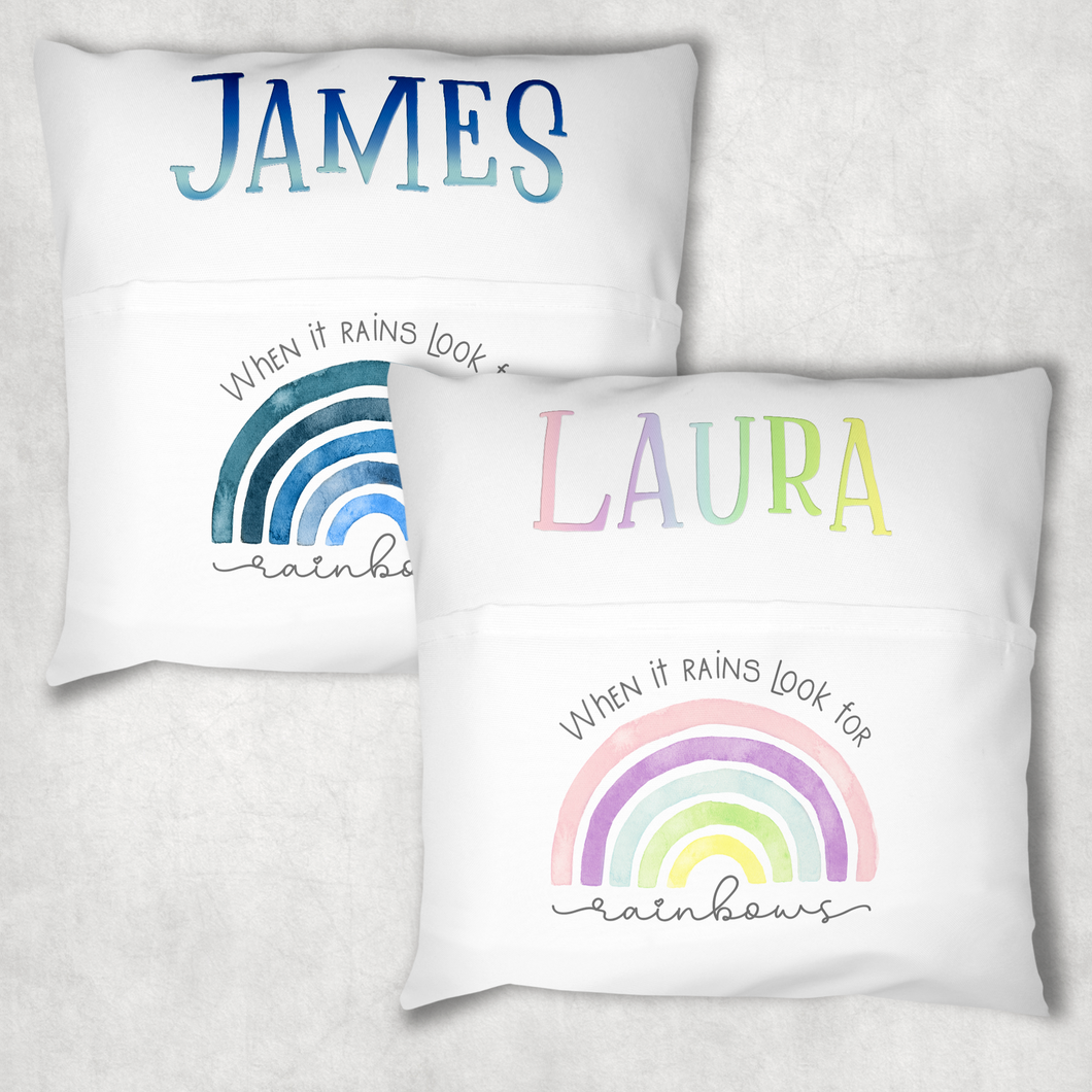 Rainbow Personalised Pocket Book Cushion Cover White Canvas