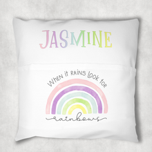 Load image into Gallery viewer, Rainbow Personalised Pocket Book Cushion Cover White Canvas
