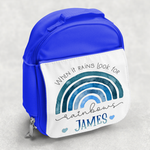 Load image into Gallery viewer, Rainbow Pastel / Blue Personalised Kids Insulated Lunch Bag
