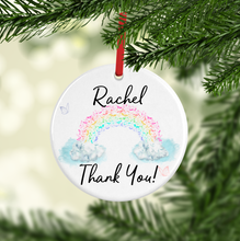 Load image into Gallery viewer, Rainbow Thank You Watercolour Personalised Ceramic Round or Heart Christmas Bauble
