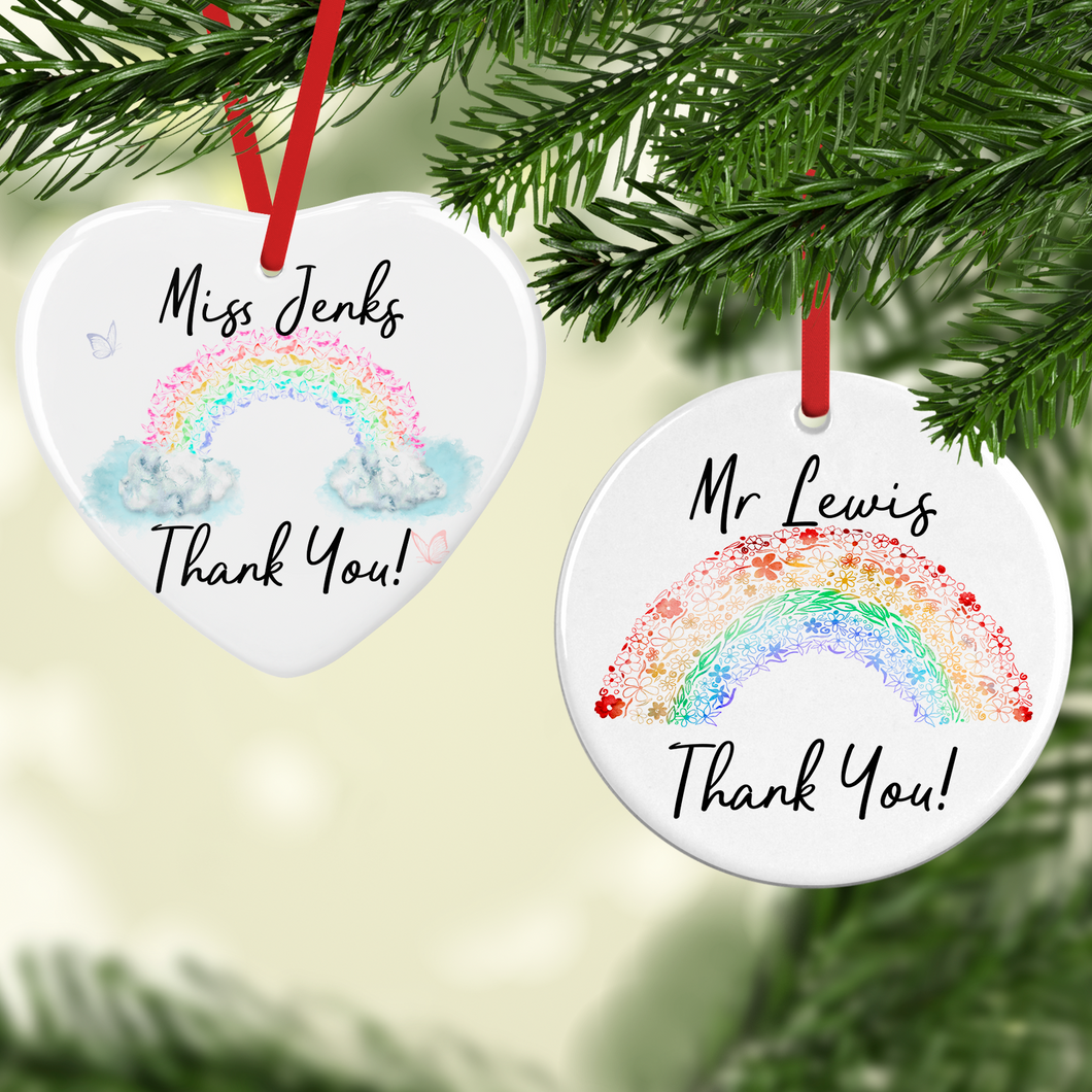 Rainbow Thank You Watercolour Personalised Ceramic Round or Heart Christmas Bauble