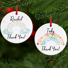 Load image into Gallery viewer, Rainbow Thank You Watercolour Personalised Ceramic Round or Heart Christmas Bauble

