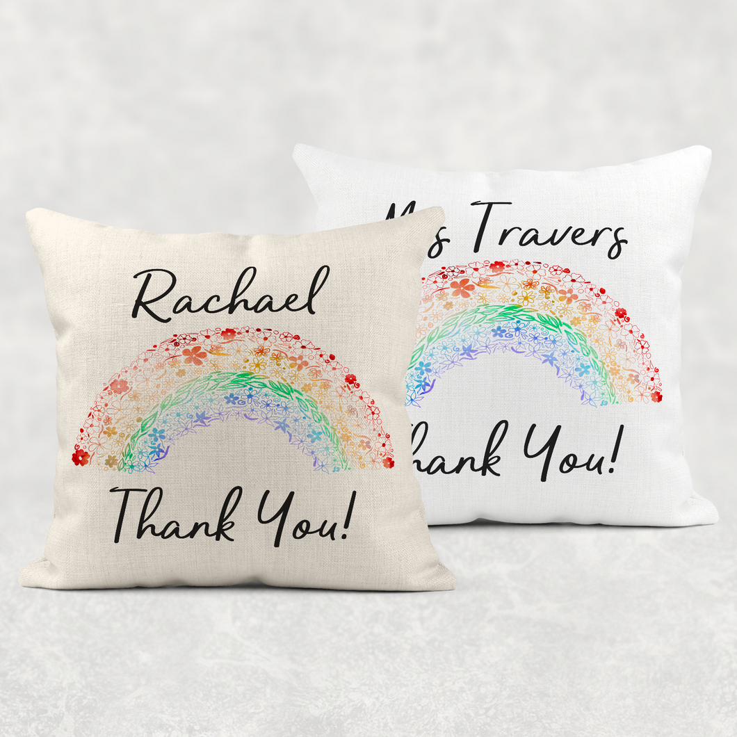 Thank You Rainbow Personalised Cushion Linen White Canvas