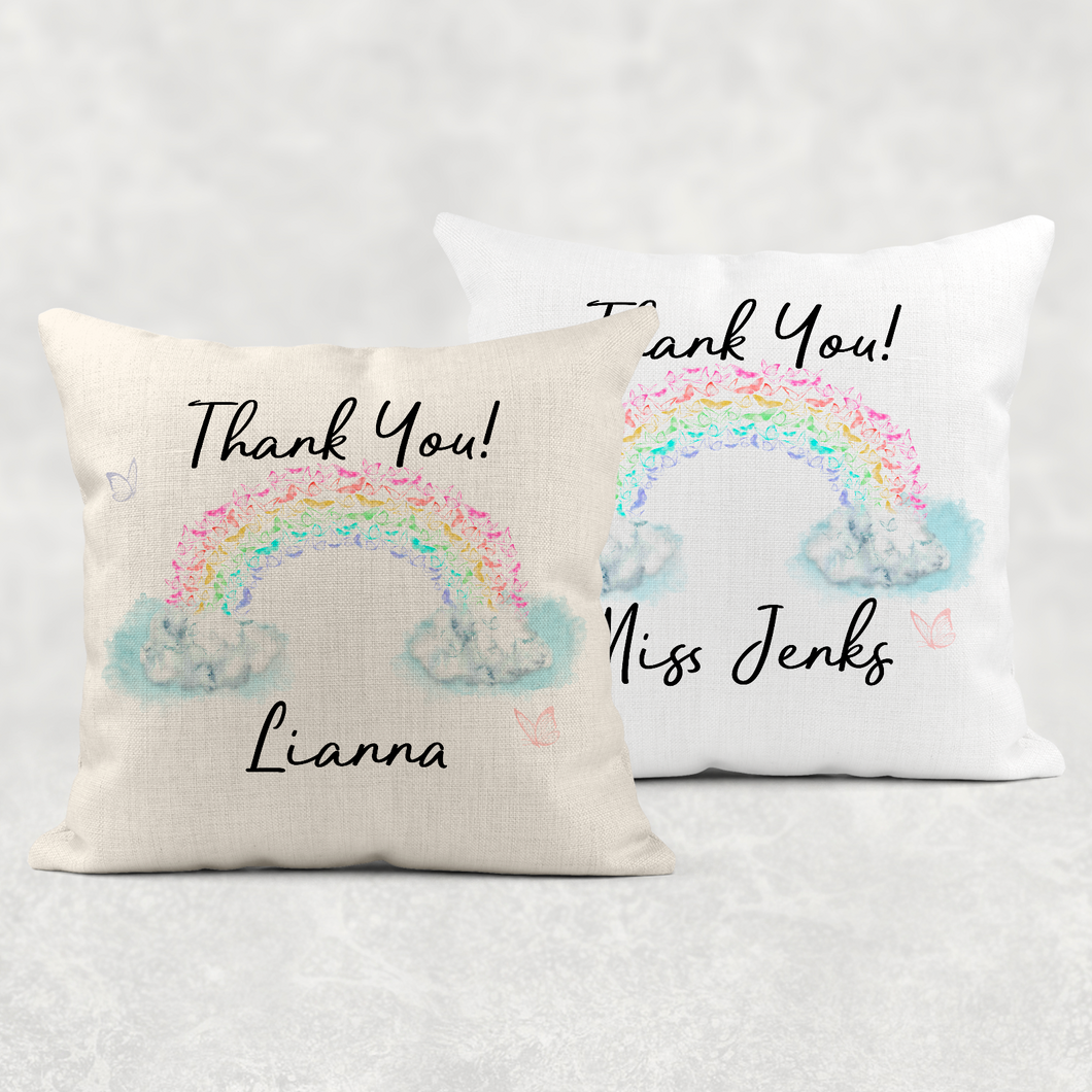 Pastel Rainbow Thank You Personalised Cushion Linen White Canvas