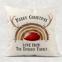 Load image into Gallery viewer, Reinbow Rudolph Rainbow Personalised Christmas Cushion Cover Linen White Canvas
