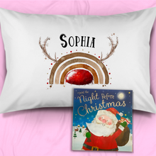 Load image into Gallery viewer, Reinbow Reindeer Rainbow Personalised Christmas Eve Pillow Case &amp; Book
