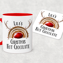 Load image into Gallery viewer, Red Handled Reinbow Rudolph Rainbow Personalised Christmas Eve Mug and Coaster Set
