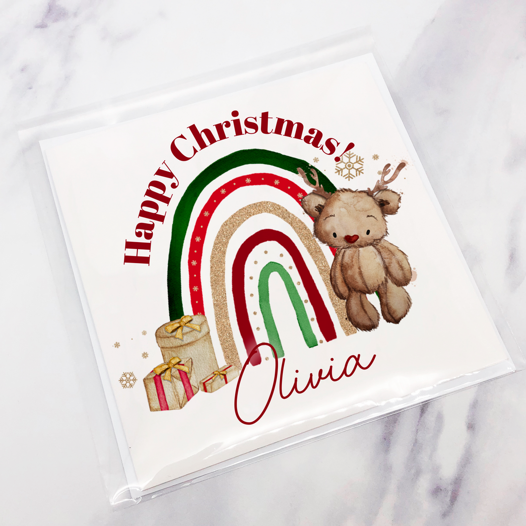 Reindeer Bear Rainbow Christmas Card