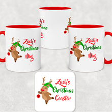 Load image into Gallery viewer, Red Handled Reindeer Personalised Christmas Eve Mug and Coaster Set
