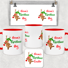 Load image into Gallery viewer, Red Handled Reindeer Personalised Christmas Eve Mug and Coaster Set
