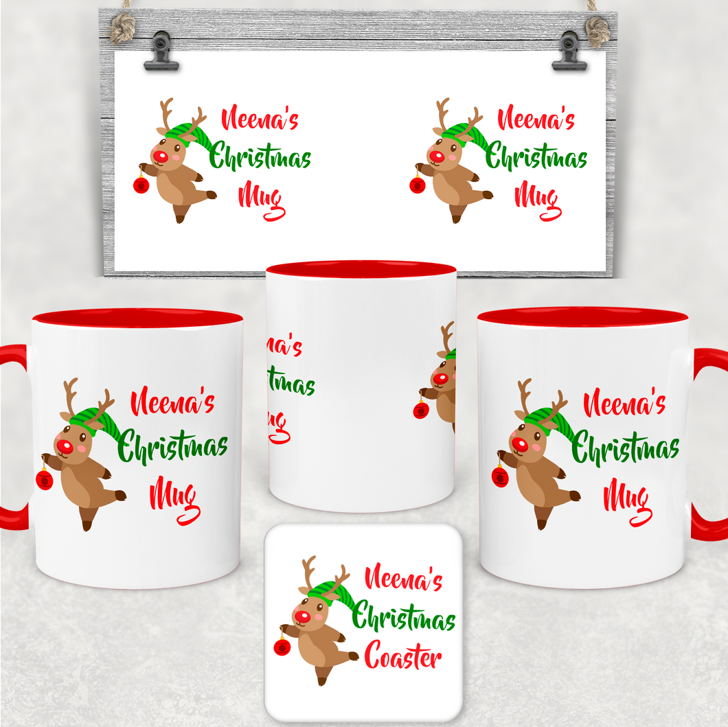 Red Handled Reindeer Personalised Christmas Eve Mug and Coaster Set
