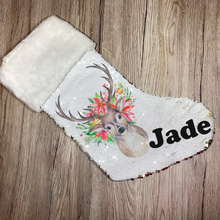 Load image into Gallery viewer, Personalised Floral Reindeer Gold Sequin Christmas Stocking - Christmas - Molly Dolly Crafts
