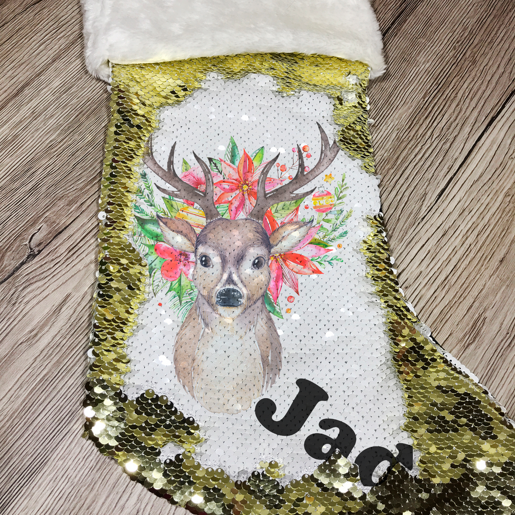 Personalised Floral Reindeer Gold Sequin Christmas Stocking - Christmas - Molly Dolly Crafts