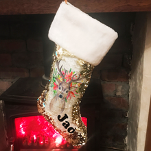Load image into Gallery viewer, Personalised Floral Reindeer Gold Sequin Christmas Stocking - Christmas - Molly Dolly Crafts
