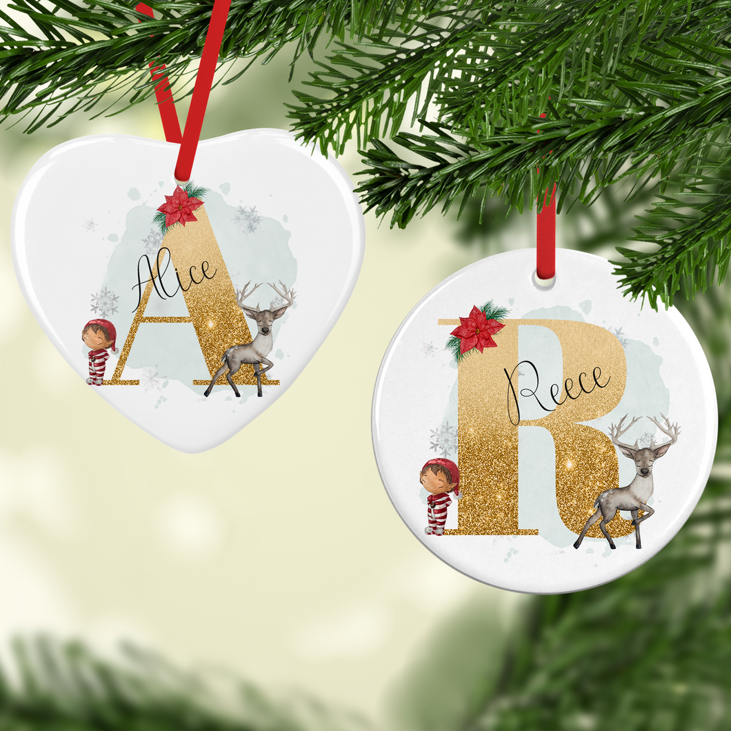 Reindeer & Elf Alphabet Personalised Ceramic Christmas Bauble