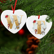 Load image into Gallery viewer, Reindeer &amp; Elf Alphabet Personalised Ceramic Christmas Bauble
