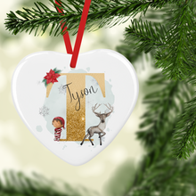 Load image into Gallery viewer, Reindeer &amp; Elf Alphabet Personalised Ceramic Christmas Bauble
