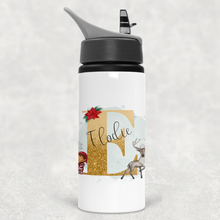 Load image into Gallery viewer, Reindeer &amp; Elf Christmas Alphabet Personalised Aluminium Straw Water Bottle 650ml
