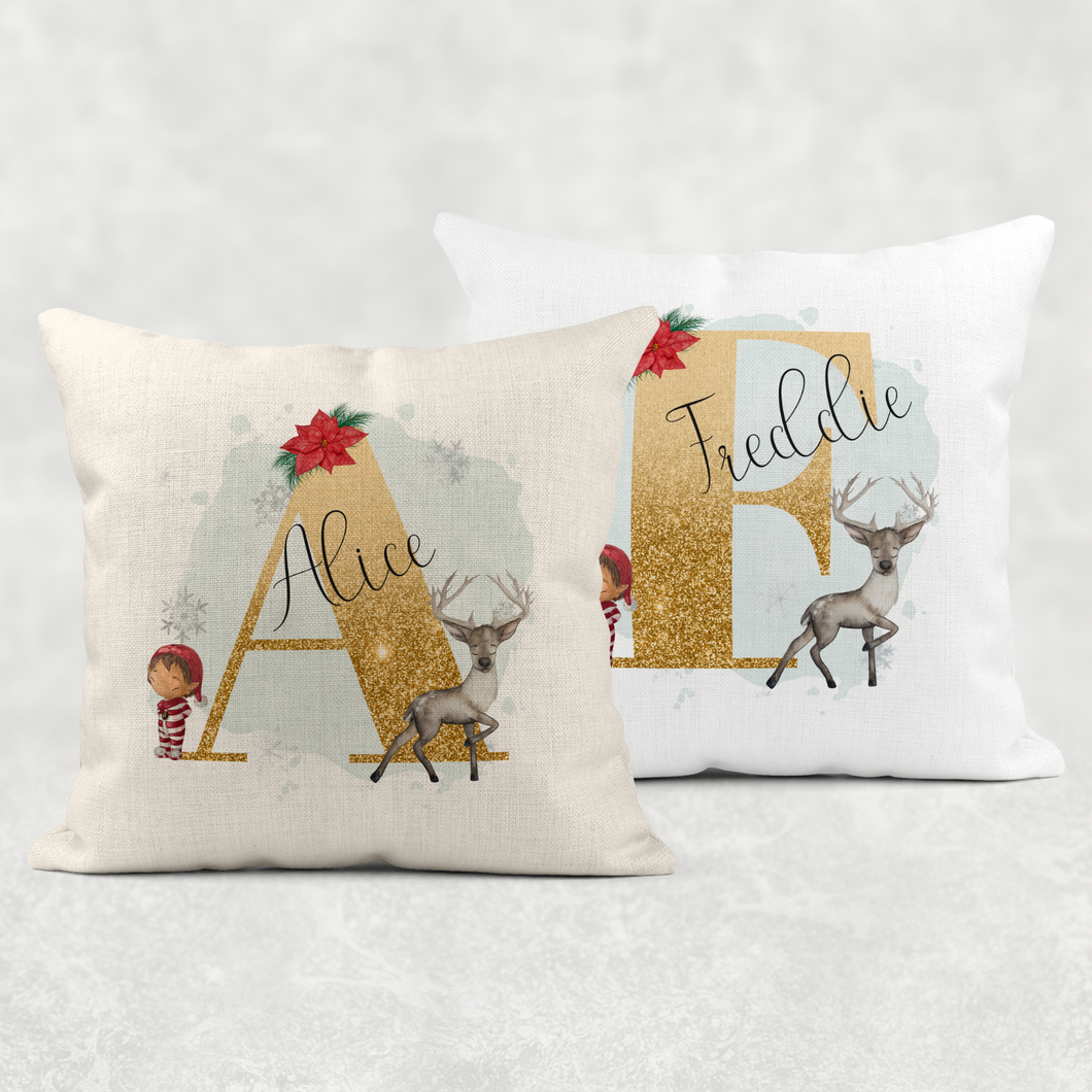 Reindeer & Elf Alphabet Personalised Christmas Cushion