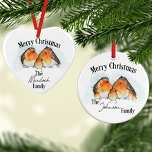 Load image into Gallery viewer, Robin Family Personalised Ceramic Round or Heart Christmas Bauble
