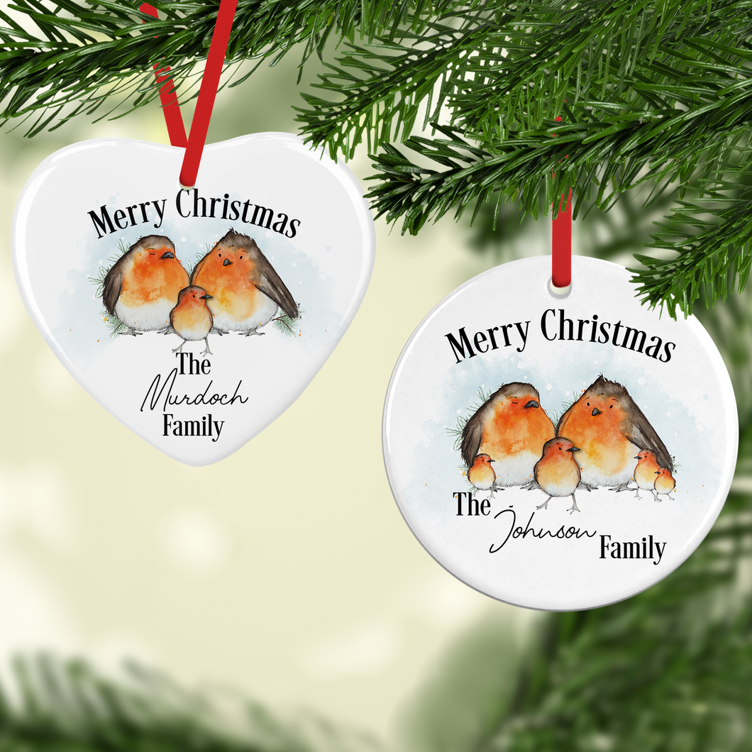 Robin Family Personalised Ceramic Round or Heart Christmas Bauble
