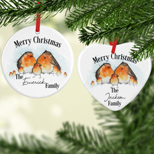Load image into Gallery viewer, Robin Family Personalised Ceramic Round or Heart Christmas Bauble
