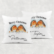 Load image into Gallery viewer, Robin Family Personalised Christmas Cushion Cover Linen White Canvas
