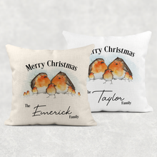 Load image into Gallery viewer, Robin Family Personalised Christmas Cushion Cover Linen White Canvas
