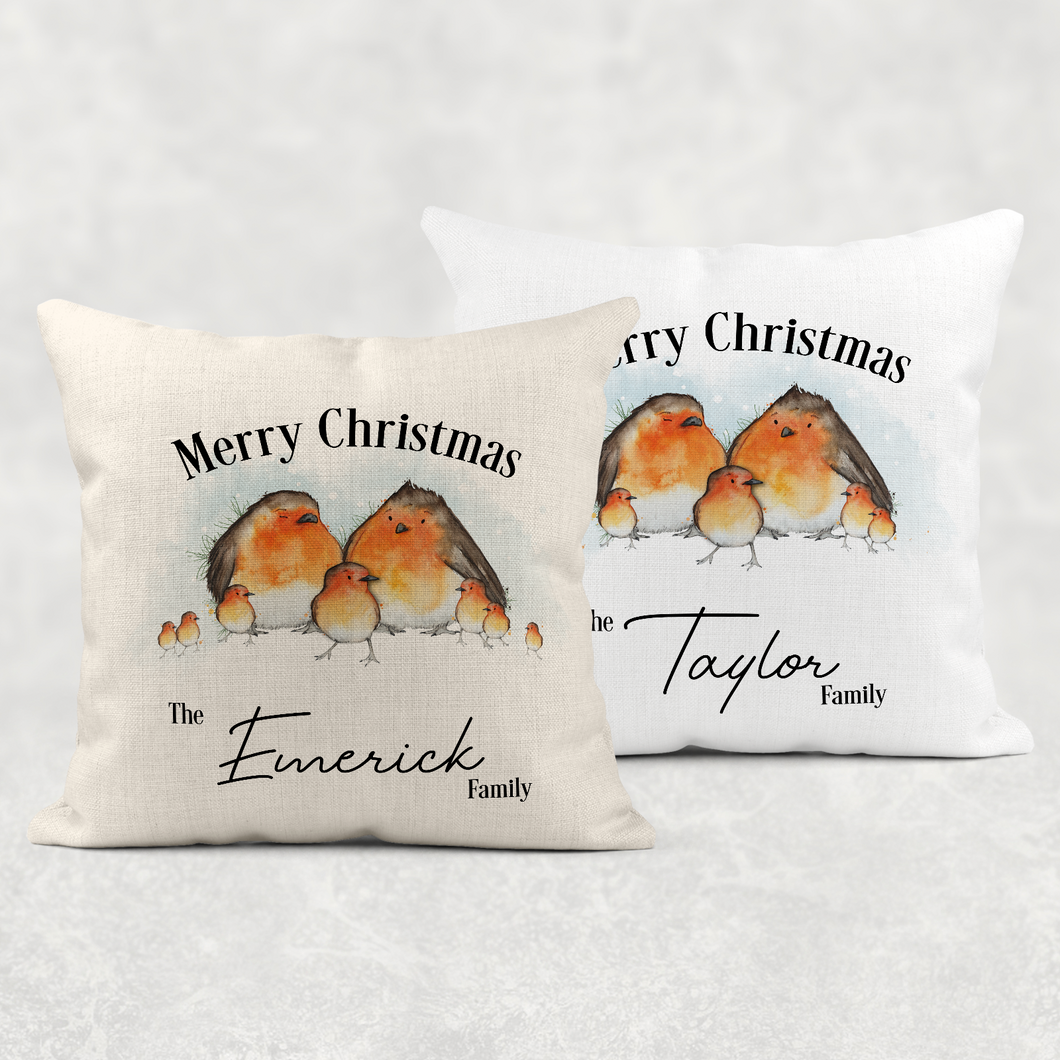 Robin Family Personalised Christmas Cushion Cover Linen White Canvas