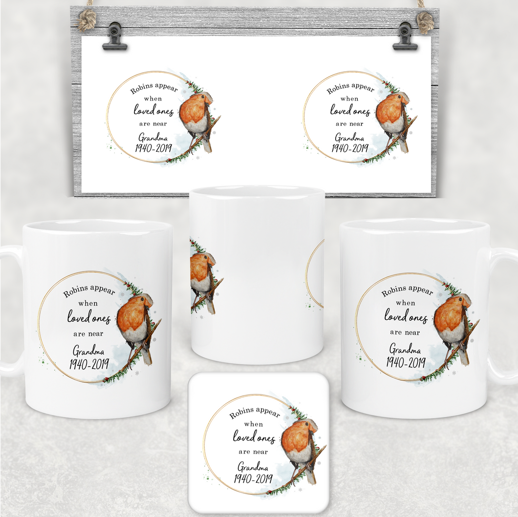 Robins Appear When Loved Ones Are Near Personalised Christmas Mug and Coaster Set